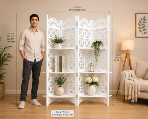 Image of Wooden Partition Divider for Living Room, Partition Wall, Privacy Divider, Freestanding Folding Panels for (6 Feet 5 Panel with 3 Shelve) (6 Feet 4 Panel with 4 Shelf White)