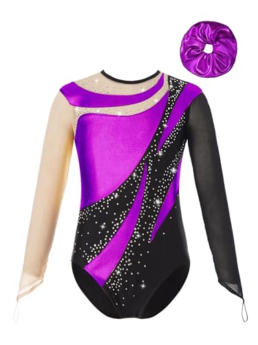 inhzoy Body Ginnastica Artistica Bambina Manica Lunga Balletto Leotards da Danza Classica con Strass Abito da Pattinaggio Artistico Body da Ginnastica Ritmica Performance Viola 9-10 anni