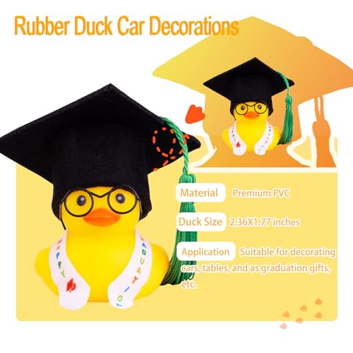 CoFuBcad Graduation Duck Car Ornament Yellow Rubber Duck Car Dashboard Decor with Mini Graduation Hat Sash Glasses - Thumbnail 2