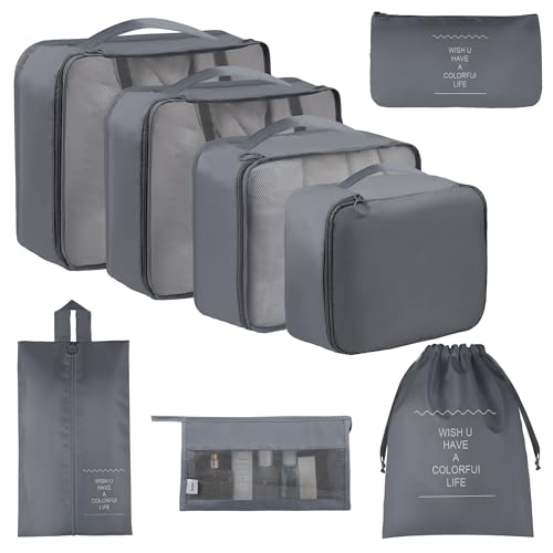 Vercord 8-Piece Travel Packing Cubes with Toiletry Bag Grey