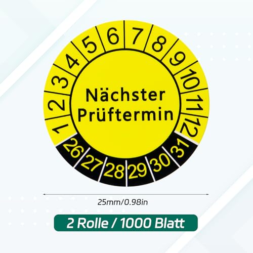 BEASAFY 1000 Stück 25 mm Prüfplaketten, 2026-2031 Nächster Prüftermin, Gelb Wartungsetiketten, Prüfplakette Leitern und Tritte, Selbstklebend Prüfaufkleber für Elektro
