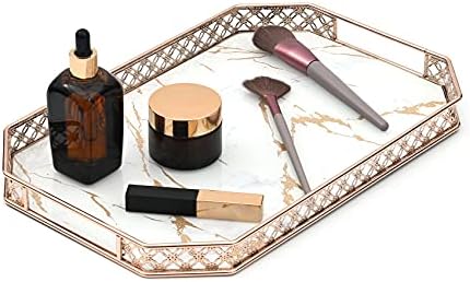 Lunavita Decorative Tray, Vanity Tray for Perfume Organizer, Makeup Tray with Metal Handle Serving Tray for Dresser, Bathroom, 14×9×1.2In, Rose Gold