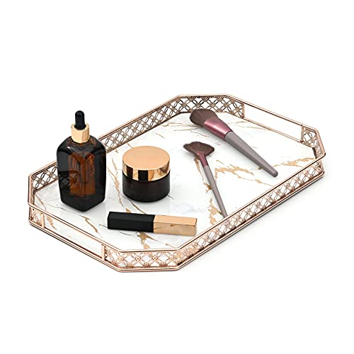 Lunavita Decorative Tray, Vanity Tray For Perfume Organizer, Makeup Tray With Metal Handle Serving Tray For Dresser, Bathroom, 14×9×1.2In, Rose Gold #TOP12