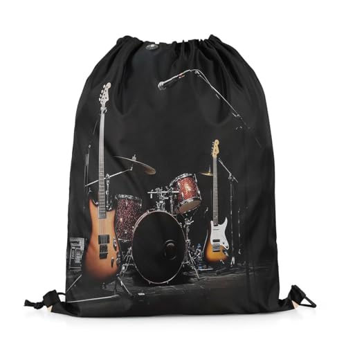 jejeloiu Musical Instrument Drawstring Backpack 13x15.7inch Guitar Drum Kit Gym String Bag Black Orange Decor Sports Drawstring Sackpack3
