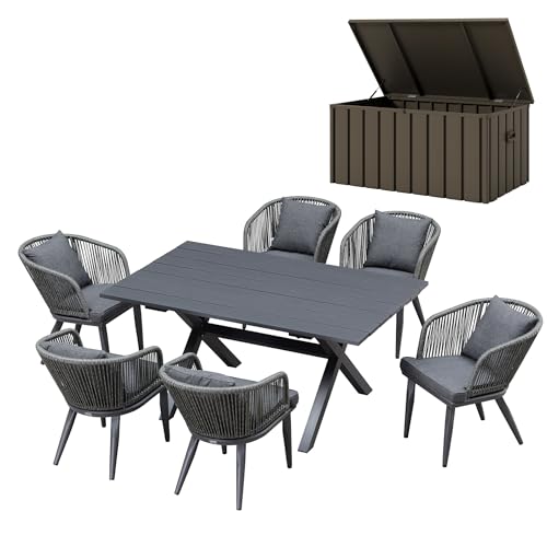 Image of PURPLE LEAF 7 Pieces Patio Dining Set with Storage Box Wicker Outdoor Furniture Rectangular Table and Chairs Set for Garden Deck Backyard Kitchen, Cushions and Pillows Included Grey