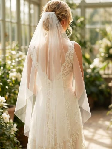 Latious 1 Tier Wedding Veils White Fingertip Bridal Tulle Veil Simple Veils with Comb for Women (Ivory)