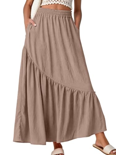 Image of GRECERELLE Women's Maxi Skirt Long Summer Skirts for Women Elasticated Waist Boho Flowy A-Line Skirt with Pockets and Ruffle Hem for Holiday & Casual Wear (Coffee Gray, M)
