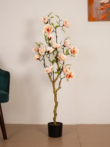 Image of ARICK DECOR 4Ft Artificial Pink Magnolia Flower Tree in Pot, 4ft Realistic Faux Lush Pink Silk Blossom Plant, Peacock Shaped Floor Decor for Home, Office & Balcony