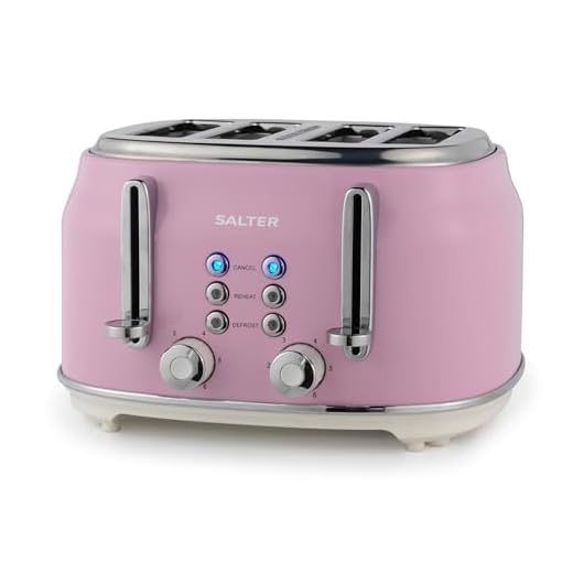 Salter Retro Tostadora de 4 Rebanadas – Ranuras Anchas, 6 Niveles, Descongelar, Recalentar, Cancelar, Bandeja removible para Migas, Expulsión Elevada, Auto-Centrado, 1630W, Rosa, EK5739PNKVDE