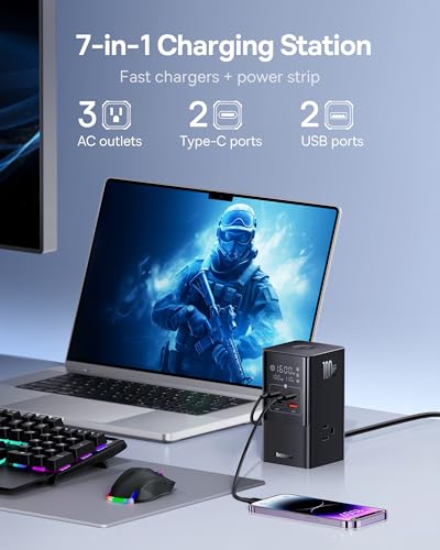 Baseus 7-in-1 USB C Charging Station, 100W PowerCombo Fast Charging Power Strip with 3AC+2U+2C USB, USB C Charging Station for Desktop Accessories, MacBook, Tablets in Office, Home and Dorm image 2