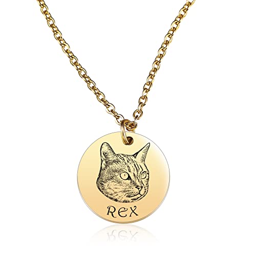 MeMeDIY Customized Necklace of Pet Portrait with Engraving, Personalized Dog/Pet/Cat Memorial Gifts for Her Dog Mom, Pet Loss Gifts for Pet Lovers, Cute Necklace for Women (Gold Color)