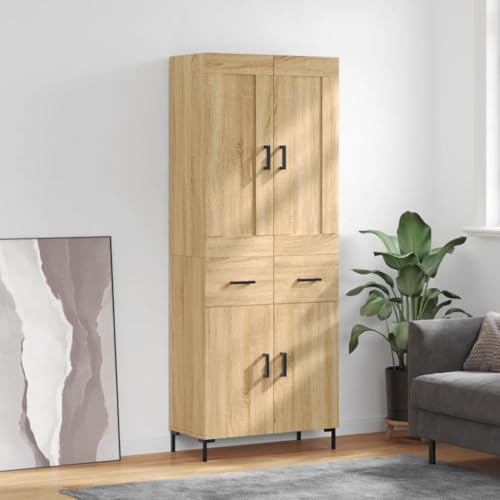 WRJENFSC Buffet haut en chêne Sonoma - 69,5 x 34 x 180 cm - En bois avec pieds en métal - Buffet moderne avec espace de rangement - Meuble de cuisine à...
