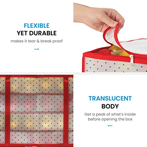 Zober Plastic Christmas Ornament Storage Box Large With 2-Sided Dual-Zipper Closure - Keeps 128 Holiday Ornaments, Xmas Decorations Accessories, 3" Compartments - Sturdy Flexible Plastic #TOP4
