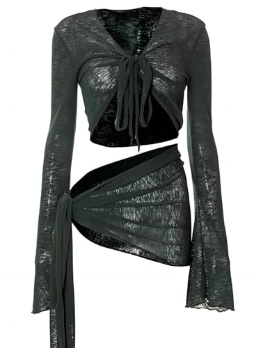 Women's Two Piece Set Mesh Sheer Long Sleeve Tie Front Cover Up Tops Skirts4