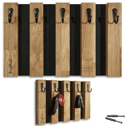FLEXISTYLE Lamellen Schlüsselbrett Garderobenleiste Holz, Eiche, Hakenleiste, Kleiderhaken, Wandhaken, Edelstahl, Wandgarderobe, Garderobenpaneel, für Flur, Kinderzimmer, Schlafzimmer (30cm 5 Haken)