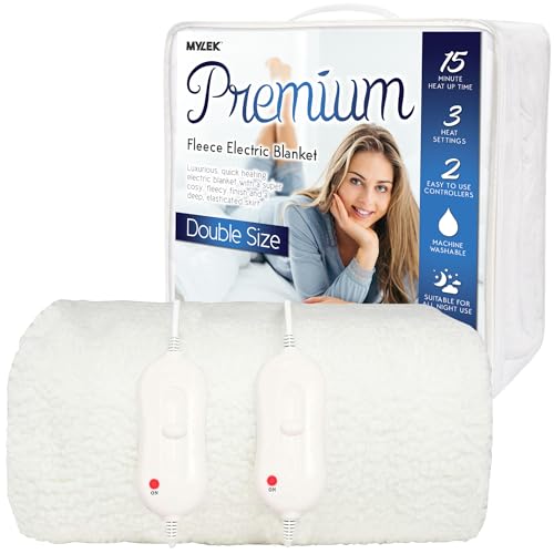 Mylek Electric Blanket Double Size Bed Fleece Fitted Heated Mattress Cover Underblanket Dual Control, Elasticated Skirt, 190 x 137 x 40cm, Overheat Protection, Machine Washable, All Night Use (Double)