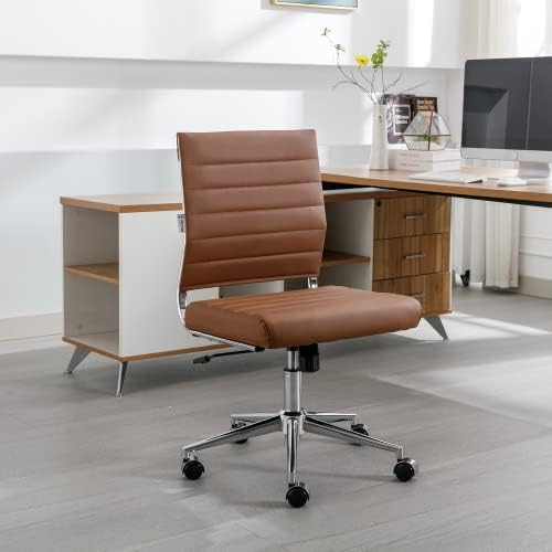 Okeysen Armless Office Desk Chair, Ergonomic Leather Modern Desk Chair Ribbed, Small Swivel Task Chair Conference Room Chairs, Computer Home Office Chair Without Arms.