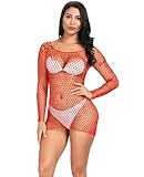 KUAIQI Netzoberteil，Fischnetz Oberteile für Damen，Langarm Netz Tops Netzshirt，Netz-Minikleid Langarm，Frauen Figurbetontes Kleid Fischnetz Lingerie，Nachtwäsche Clubwear (Rot)