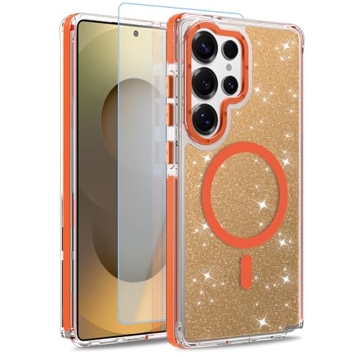 Image of Magnetic Case for Samsung Galaxy S25 Ultra [Compatible with Magsafe] [Bling Glitter Fluorescent Design] [1 Screen Protector] Slim Translucent Matte Case for Galaxy S25 Ultra 6.9 inch, Orange