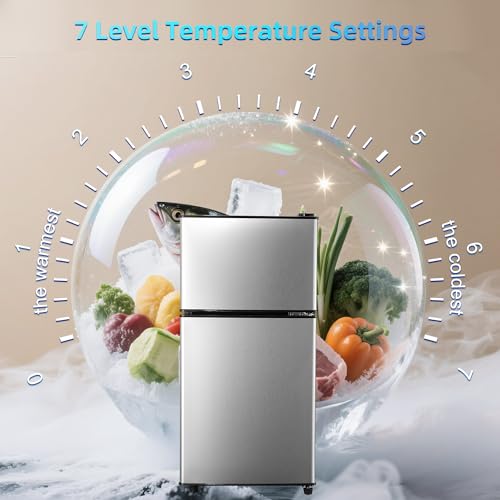 Image of Mini Fridge with Freezer, 4.0 Cu. Ft. Double-Door Mini Refrigerator with 7-Level Adjustable Thermostat & Adjustable Glass Shelves, Compact Dorm Fridge 37 dB Low Noise for Bedroom, Apartment, Silver