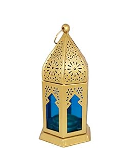 BWO Home Decorative Collection Moksha Hanging Lantern lamp Tea Light Holder for Home Decoration,Pack of 1 (Gold Blue)