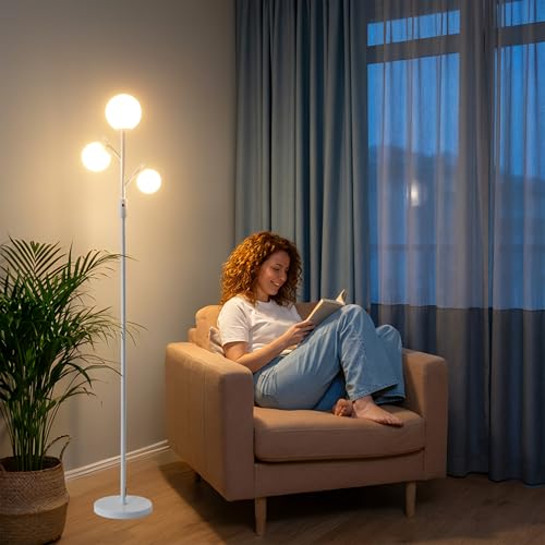 Image of Fiqevs Mid Century Modern 3 Globe Tree Floor Lamp - Dimmable LED Standing Lamp with Bulbs, Warm Light for Living Room Bedroom Office - White