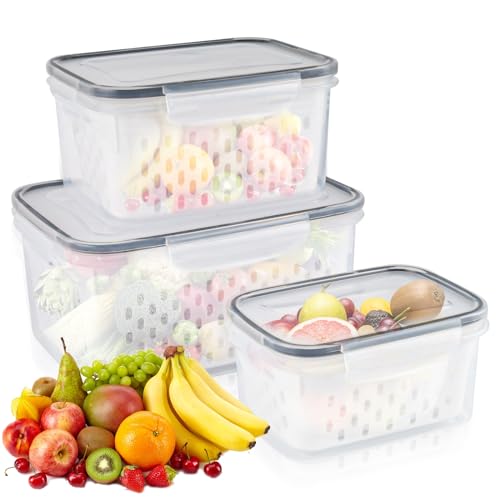 PEGRAUFC Juego de 3 recipientes herméticos con tapa, organizador de frigorífico, organizador de plástico para frigorífico, frutas, verduras, ensaladas, cajas con rejilla de goteo 0,85 L + 1,75 L + 3,3