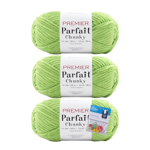 Image of Premier Yarns Parfait Chunky Chenille Yarn 3.5 Oz 6 Super Bulky Weight 3 Pack Bundle with Bella's Stitch Place Holders (Pistachio)