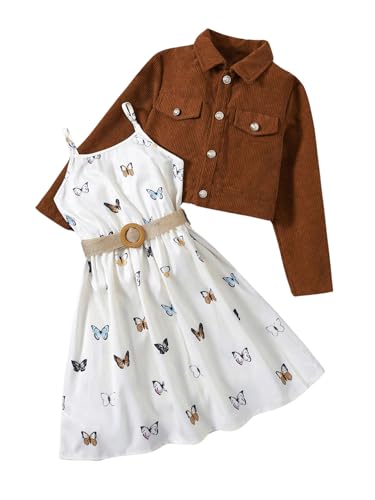 Floerns Girl's 2 Piece Outfit Long Sleeve Jacket Butterfly Print Cami Dress Set