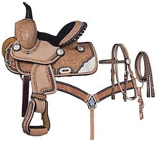 BNB International Western Barrel Racing Trail Equestrian Horse Saddle Pony & Adult Classic Quality Premium Leather for Riding Headstall, Breast Collar & REINS Size: 10-18 inch Seat BRL27