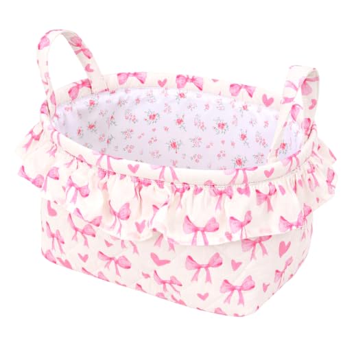 CEUTNIZ Cute Floral Quilted Storage Basket with Ruffle Trim Decorative Fabric Organizer Bin with Handles Coquette Bow Print Nursery Storage
