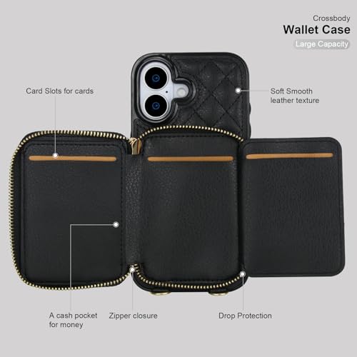 Bocasal Crossbody Wallet Case for iPhone 17, RFID Blocking PU Leather Zipper Handbag Purse Flip Cover, Kickstand Folio Case with Card Slots Holder Wrist Strap Lanyard 5G 6.3 Inch (Black)