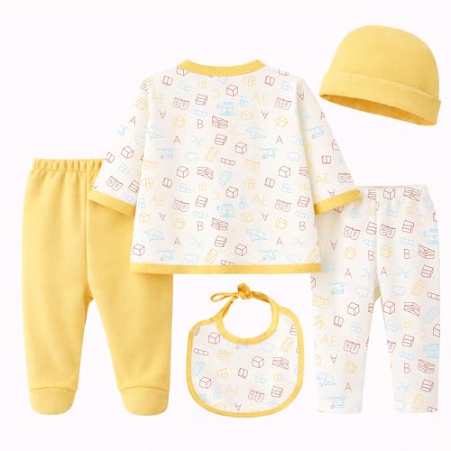 Image of Kidbee Baby Clothing Gift Set for Boys & Girls, 5 Piece Newborn Clothing Combo with Front Open Top, Pajama, Printed Pant, Cap & Bib, Soft Cotton, 0-6 Months Baby