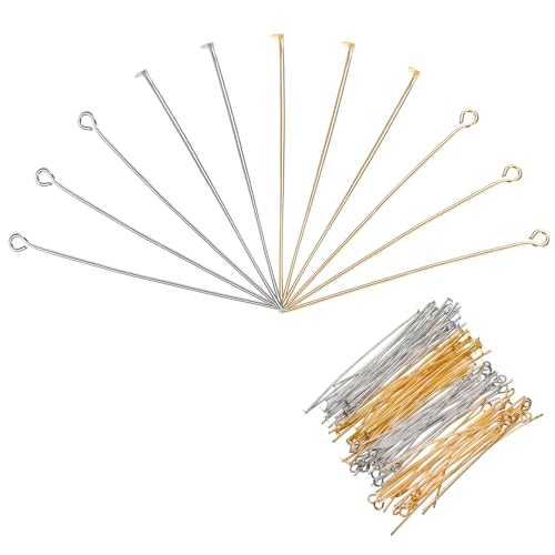 MECCANIXITY 400Pcs Gold White Iron Eye Pins 50mm 21 Gauge/0.7mm Eye Pins for Jewelry Making Findings DIY Craft Necklaces Bracelets Earrings Head Pins