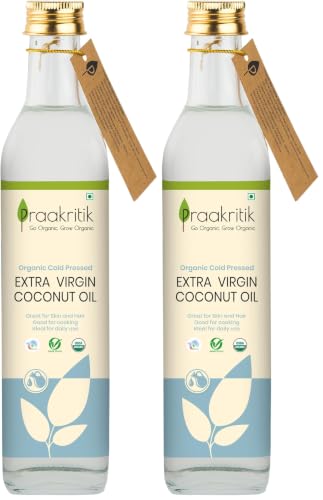 Image of Praakritik Organic Cold Pressed Extra Virgin Coconut Oil 500ml, Pure,Natural & Chemical-Free,nariyal tel, Ideal for Cooking, Skin & Hair, Baby Massage (Pack of 2)