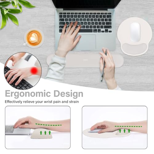 Image of MOSISO Wrist Rest Support for Mouse Pad&Keyboard Set, Circle Curved Ergonomic Mousepad&Coaster Non-Slip Base Home /Office Pain Relief&Easy Typing Pad with Soft Cloth&Raised Memory Foam, Stone Gray