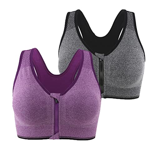 Leezepro Soutien-Gorge de Sport Post-opératoire Lingerie Avant Zipper Femme Zippée Brassière Push Up Courir Vest Coussinets Amovibles pour Fitness Jogging Yoga Course (Gris+Violet, L)