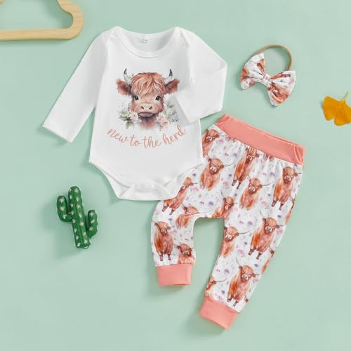 Newborn Western Baby Girl Clothes Highland Cow New To The Herd Romper Pants Set 3Pcs Summer Farm Coming Home Outfit2