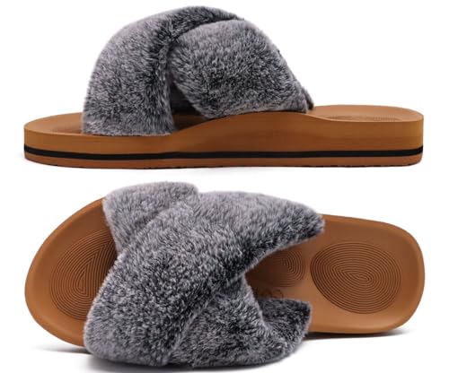 Image of COFACE Womens Fuzzy Slides Fluff Faux Fur Cross Slippers Open Toe Yoga Mat House Slipper Sandals With Arch Support For Indoor /Outdoor