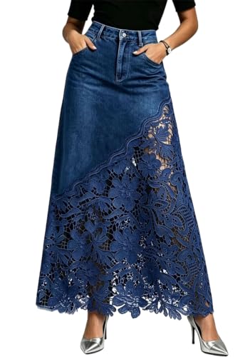 ebossy Women's Boho Trendy High Waist Lace Jean Skirts Hollow Floral Patchwork Denim Maxi Skirts with Pockets (S, Dark Blue)