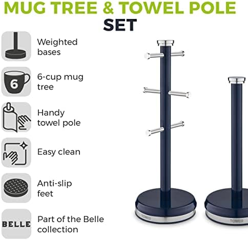 Tower T826172MNB Belle Mug Tree and Towel Pole Set, Stainless Steel, Midnight Blue
