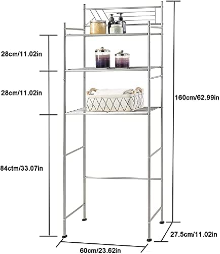HOME BI Bathroom Space Saver,2-Tier Over the Toilet Storage Rack, Freestanding Metal Storage Shelves, Bathroom Shelf, Metal Shelf Organizer in Silver,24.02" W x 8.07 D x 61.42" H (Silver, 3-Tier)