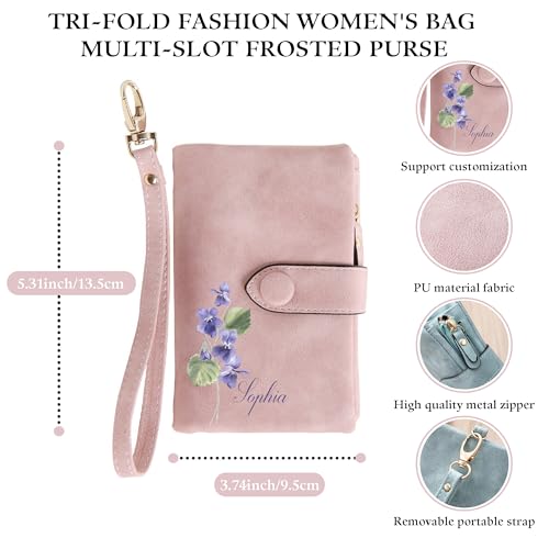 Custom Leather Coin Purse for Women, BUGMKCS Birth Flower with Name Ladies Wrist Wallet Small Tri-Fold Zipper Coin Purse with Wrist Strap Personalized Gift for Mom Mother's Day Birthday4