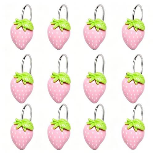 Image of 12-Pack Resin Pink Strawberry Shower Curtain Hooks - Cute Fruit-Themed Shower Curtain Rings for Bathroom and Home Decor
