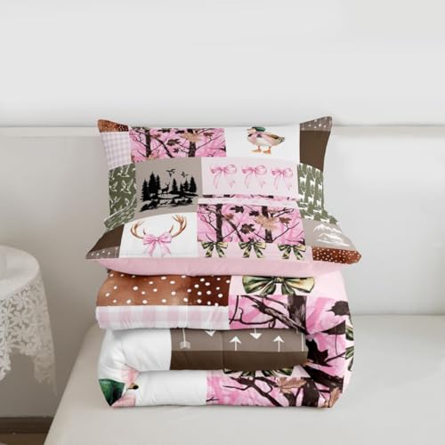 Image of Feelyou Hunting Pink Girls Bedding Set Twin Size,Mallard Duck Pink Bow Comforter Set for Kids Teens Room Camo Decor Farmhouse Rustic Bed Set