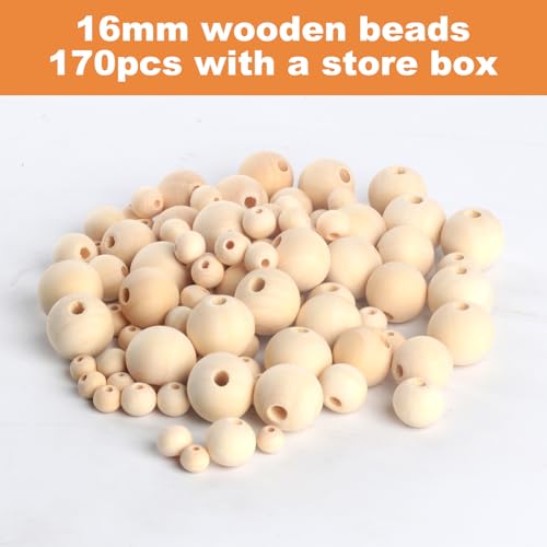 WELHAEPI 170 Pcs Round Wooden Beads Set, Natural, 16mm, Craft Beads for DIY Jewelry, Decoration, 16mm X 170pcs - Image 3
