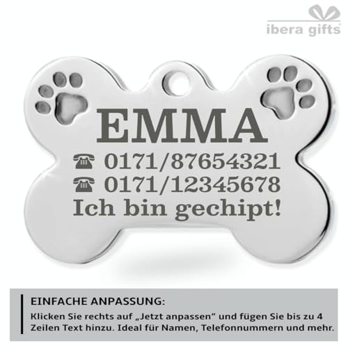 Ibera gifts - Hundemarke Mit Gravur - Personalisierte Hundemarke Für Mittelgroße Bis Große Hunde - Edelstahl 37 x 24 mm - Hundeanhänger Mit Gravur (Silber / 2 Pfoten/Groß)