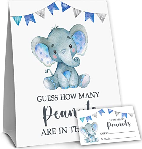 Yuzioey Blue Elephant Guess How Many Peanuts, Elephant Baby Shower Game, 50 Cards and Matching Standing Sign, Boy Elephant Baby Shower Decorations