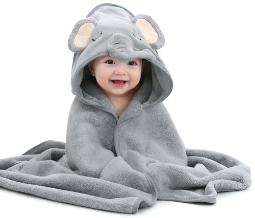 Image of BRANDONN Baby Blankets New Born Pack of Hooded Wrapper Blanket Or Baby Bath Towel (Grey Elephant, 0-12 Months, 75 cm x 75 cm)