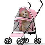 OS MOTOR Pet Stroller with 4 Wheels for Small/Medium Pets, Portable Travel Foldable Carrier Jogger for Dog Cat Puppy Kitty, Rear Wheel Breaks, Storage Basket, Visible Mesh with Weather Cover (Pink)